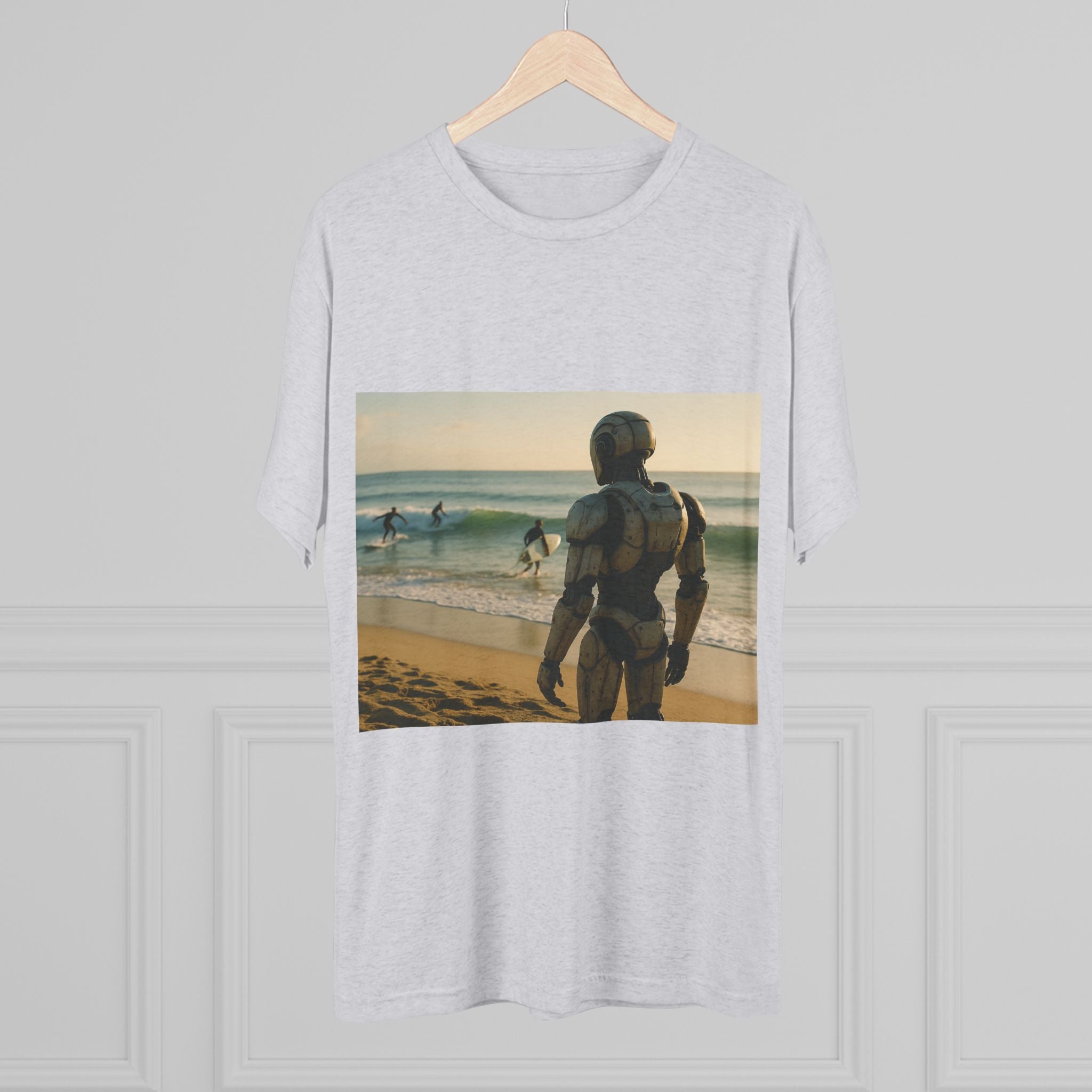 Surf Robot Graphic Tee — Vintage Beach Scene Crew T‑Shirt