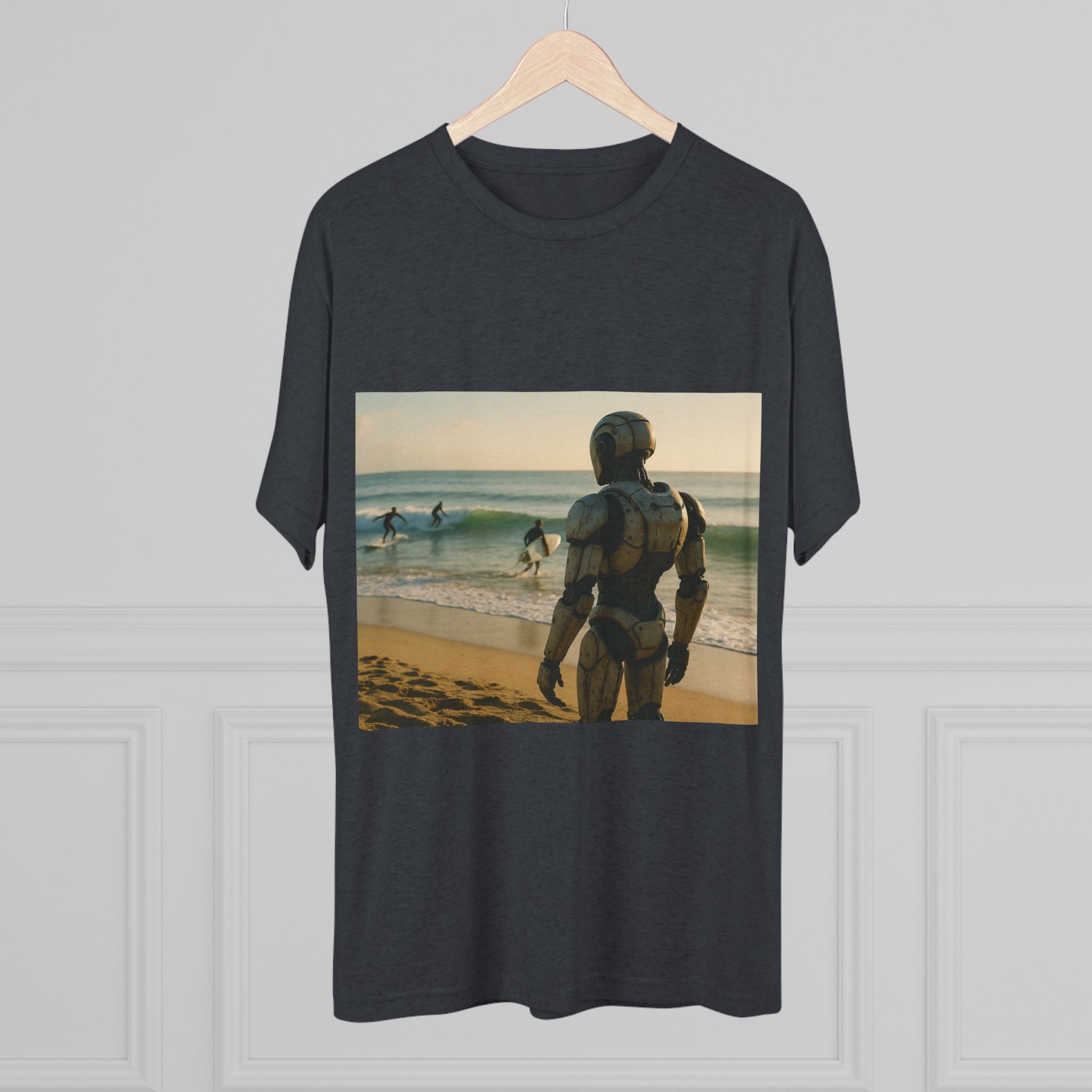 Surf Robot Graphic Tee — Vintage Beach Scene Crew T‑Shirt
