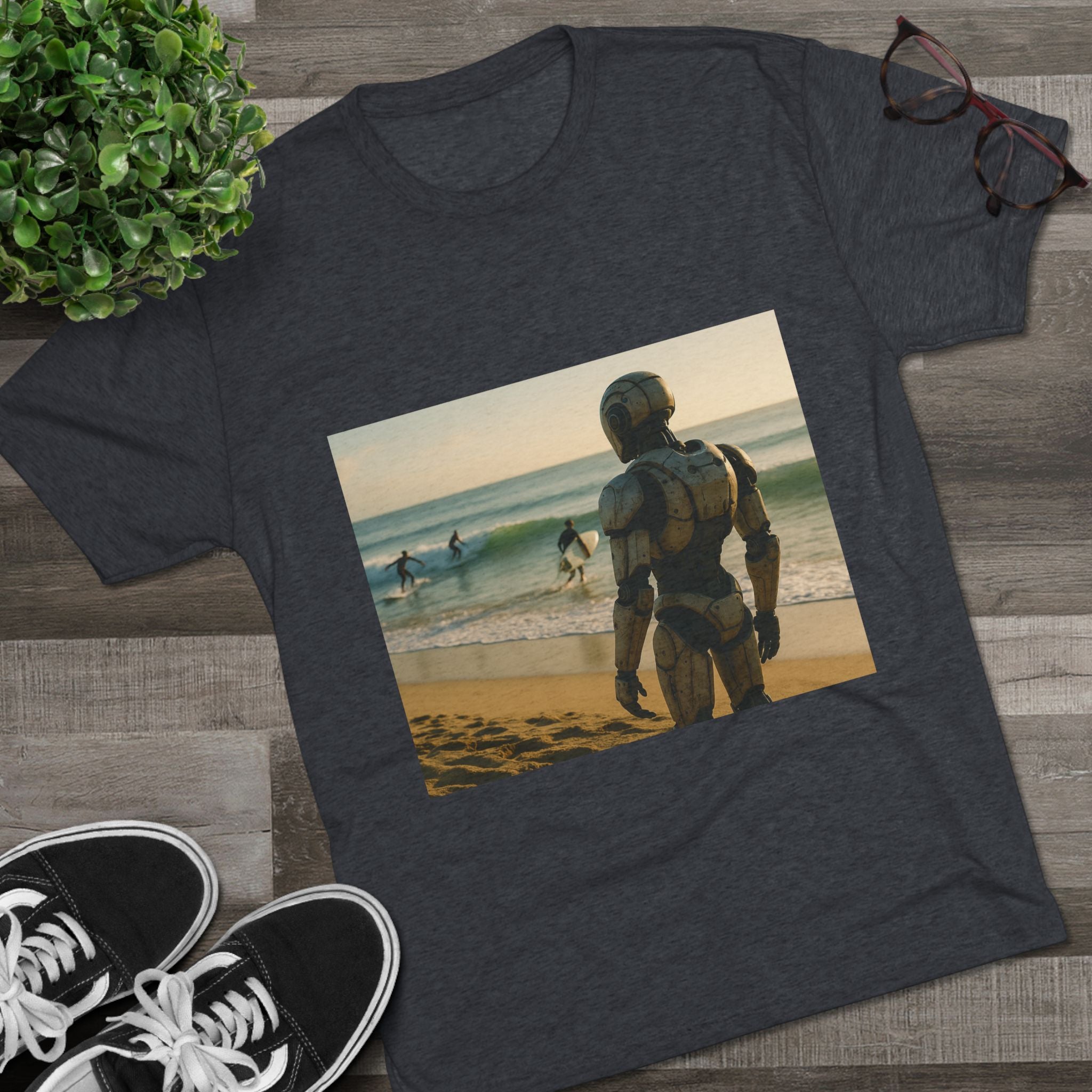 Surf Robot Graphic Tee — Vintage Beach Scene Crew T‑Shirt