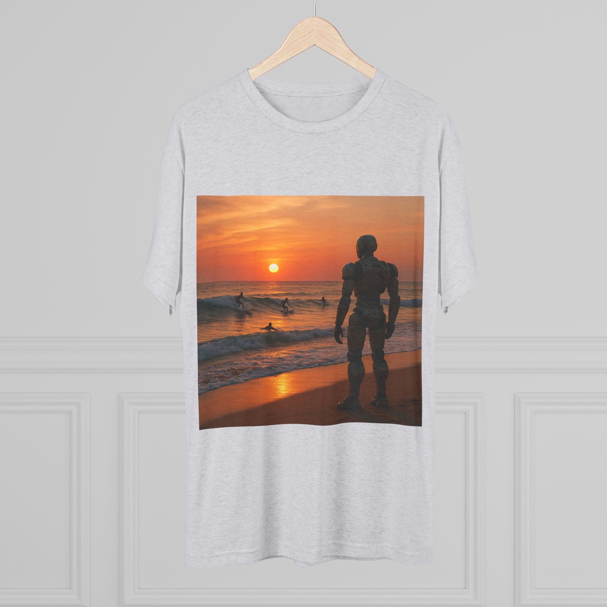 Sunset Robot Beach T‑Shirt — Wilderness Human Graphic Tee