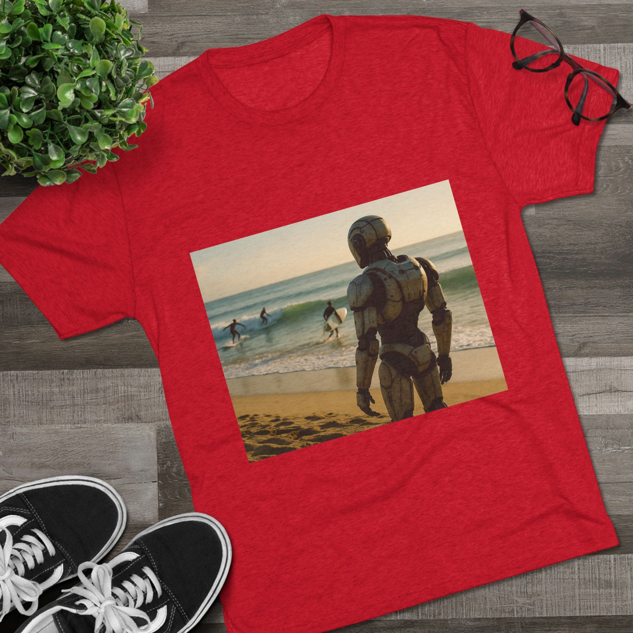 Surf Robot Graphic Tee — Vintage Beach Scene Crew T‑Shirt