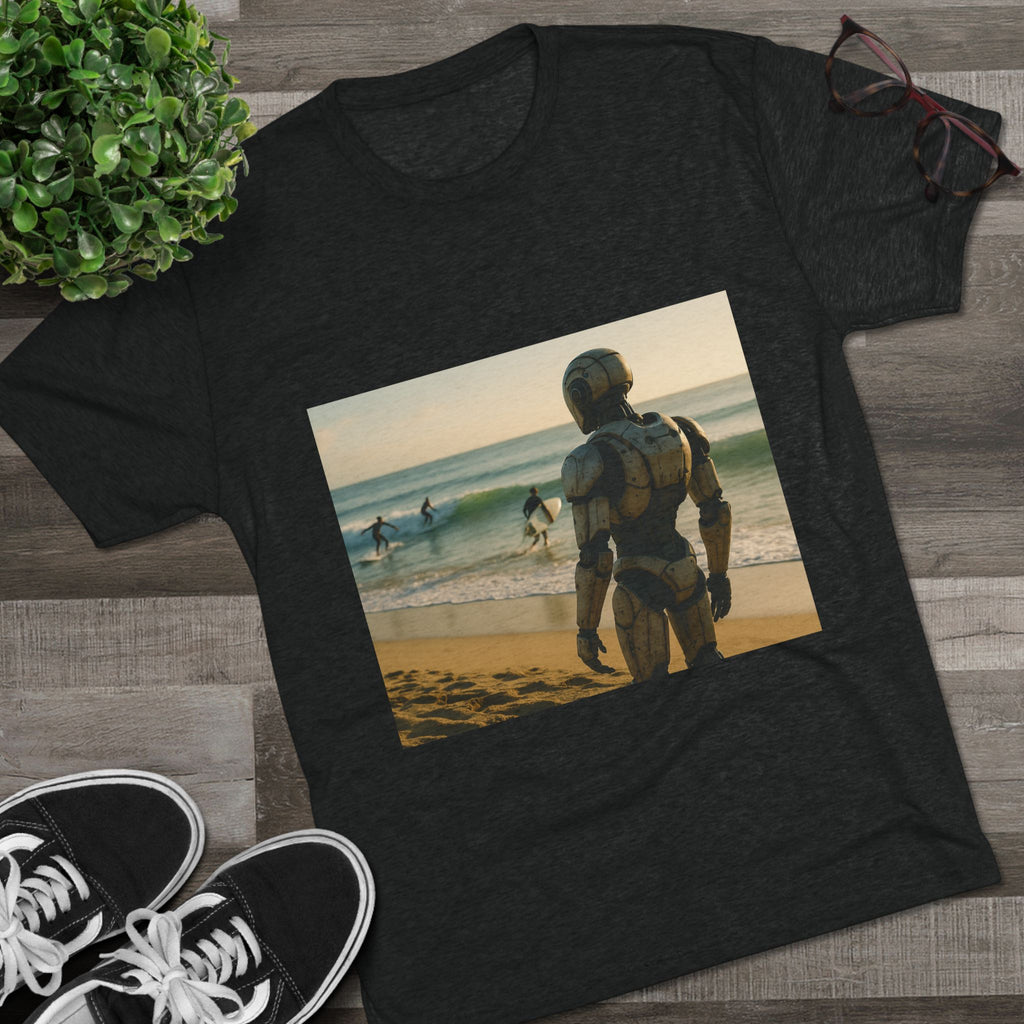 Surf Robot Graphic Tee — Vintage Beach Scene Crew T‑Shirt