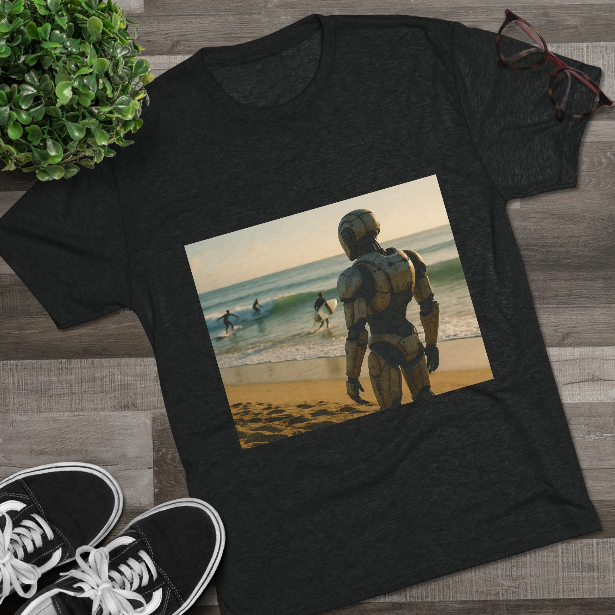 Surf Robot Graphic Tee — Vintage Beach Scene Crew T‑Shirt