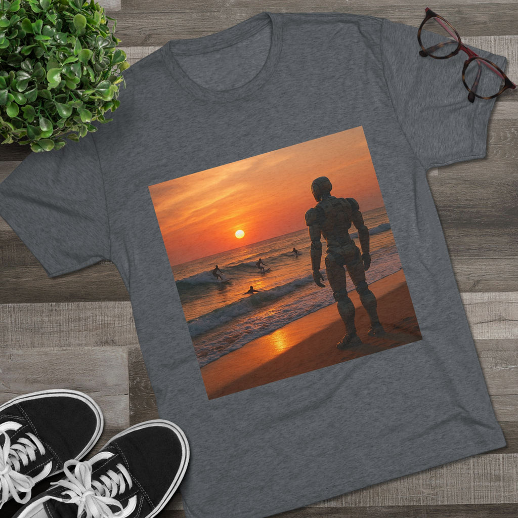 Sunset Robot Beach T‑Shirt — Wilderness Human Graphic Tee