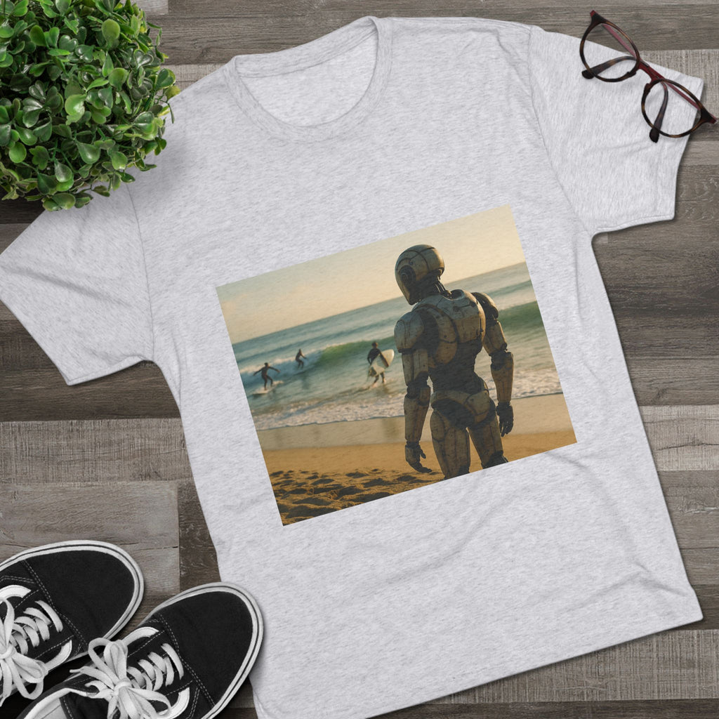 Surf Robot Graphic Tee — Vintage Beach Scene Crew T‑Shirt