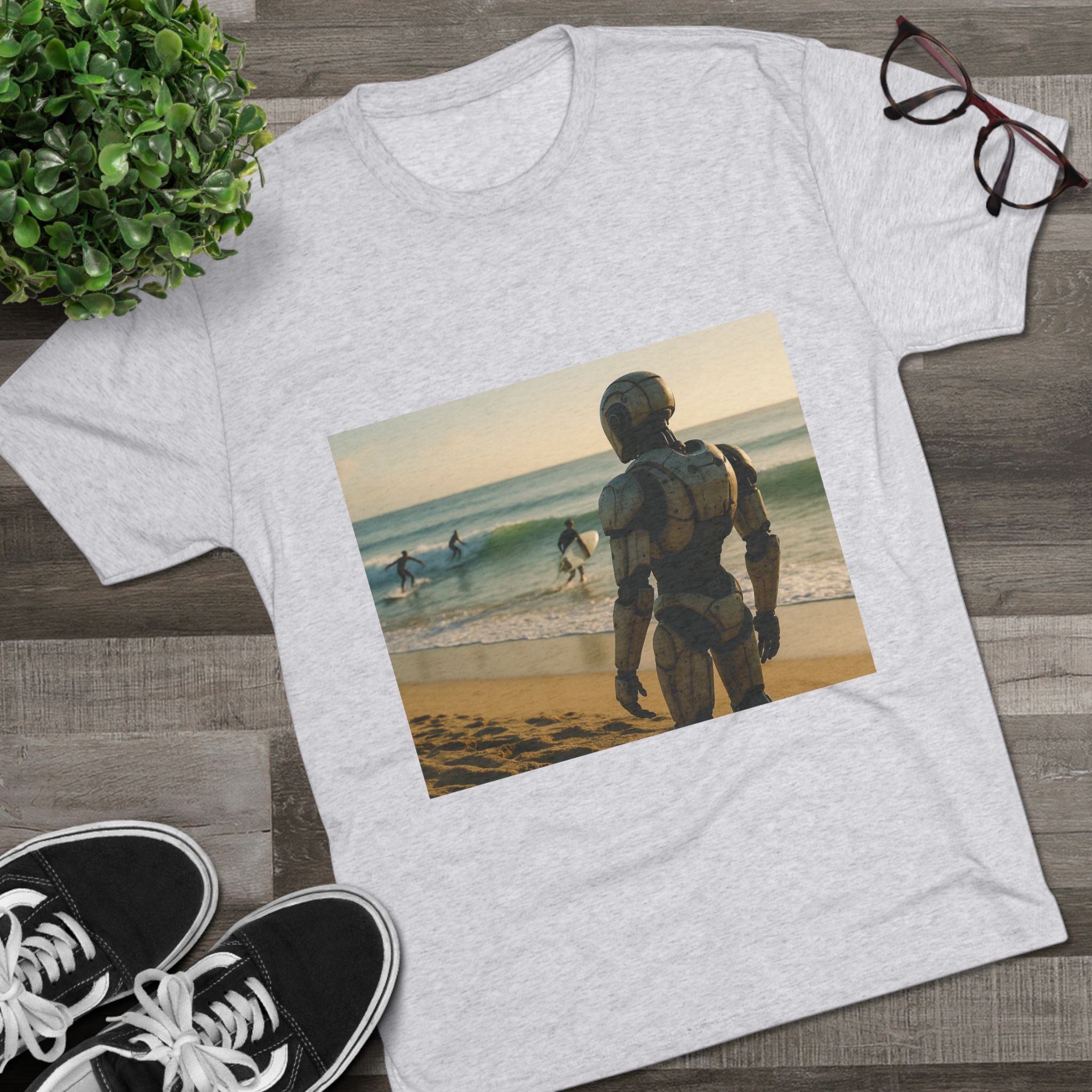 Surf Robot Graphic Tee — Vintage Beach Scene Crew T‑Shirt