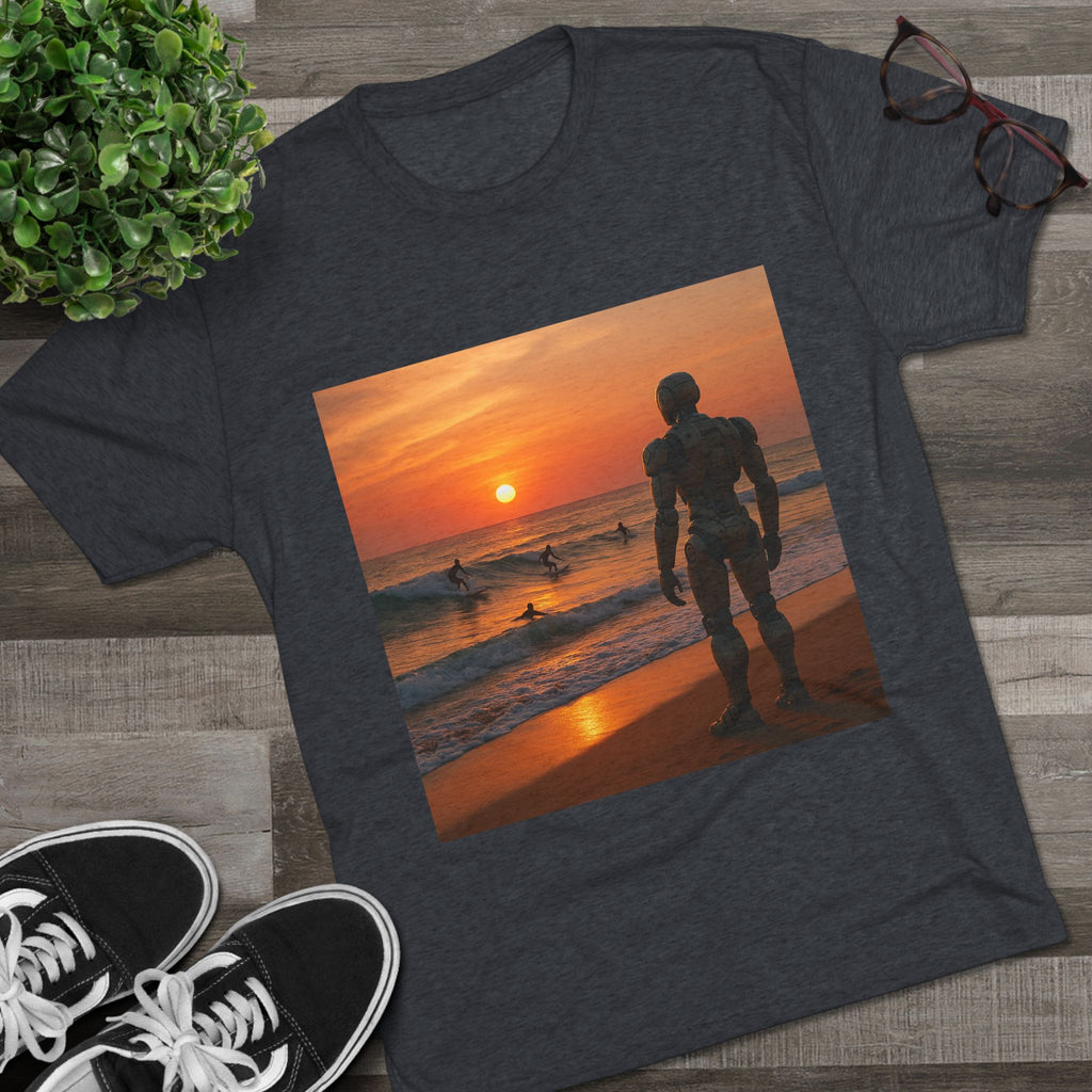 Sunset Robot Beach T‑Shirt — Wilderness Human Graphic Tee