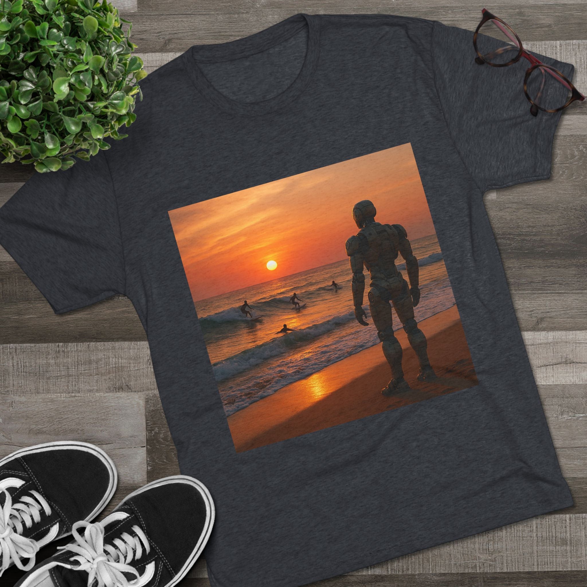 Sunset Robot Beach T‑Shirt — Wilderness Human Graphic Tee
