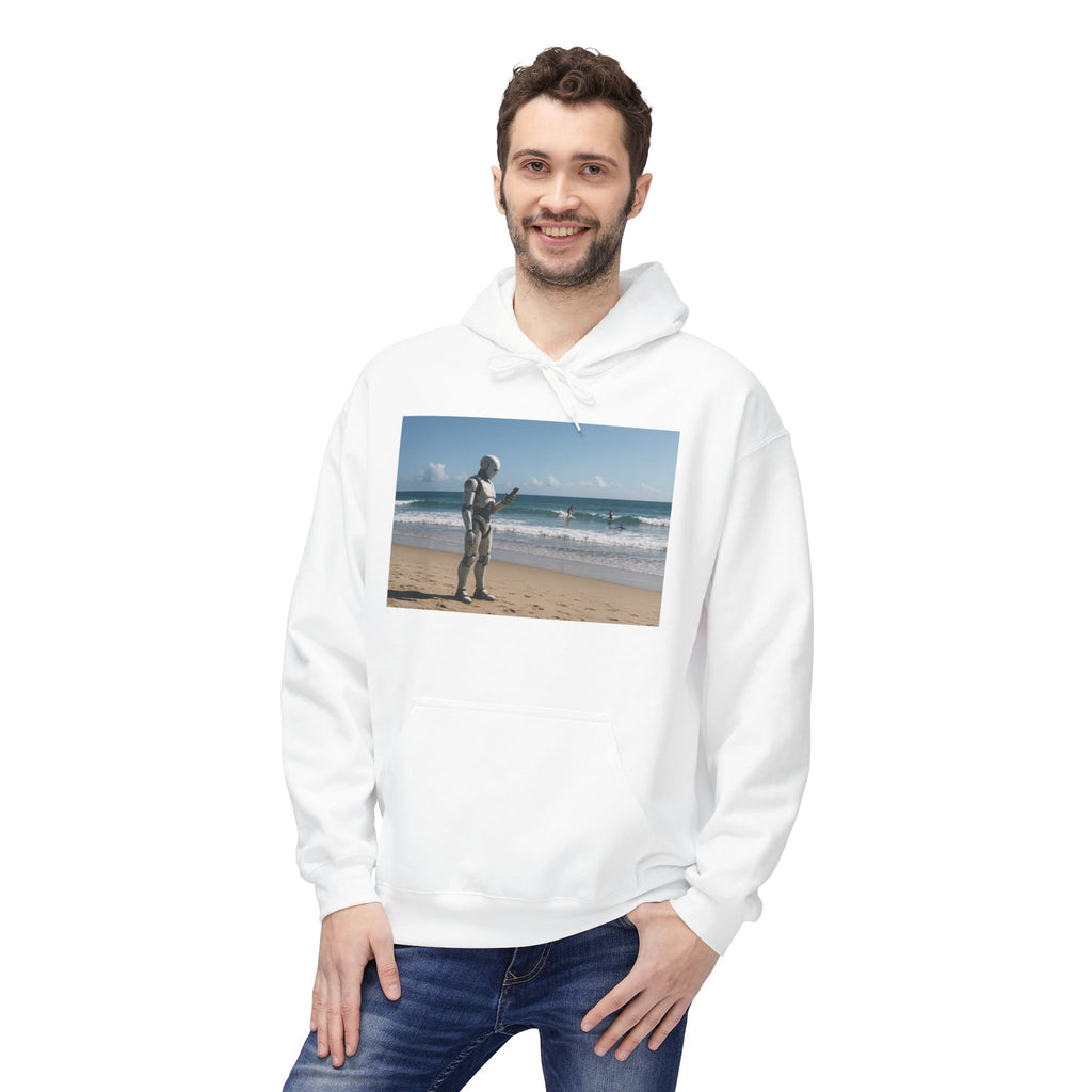 Surfing Robot Hoodie — Retro Robot Scrolling Graphic Hoodie