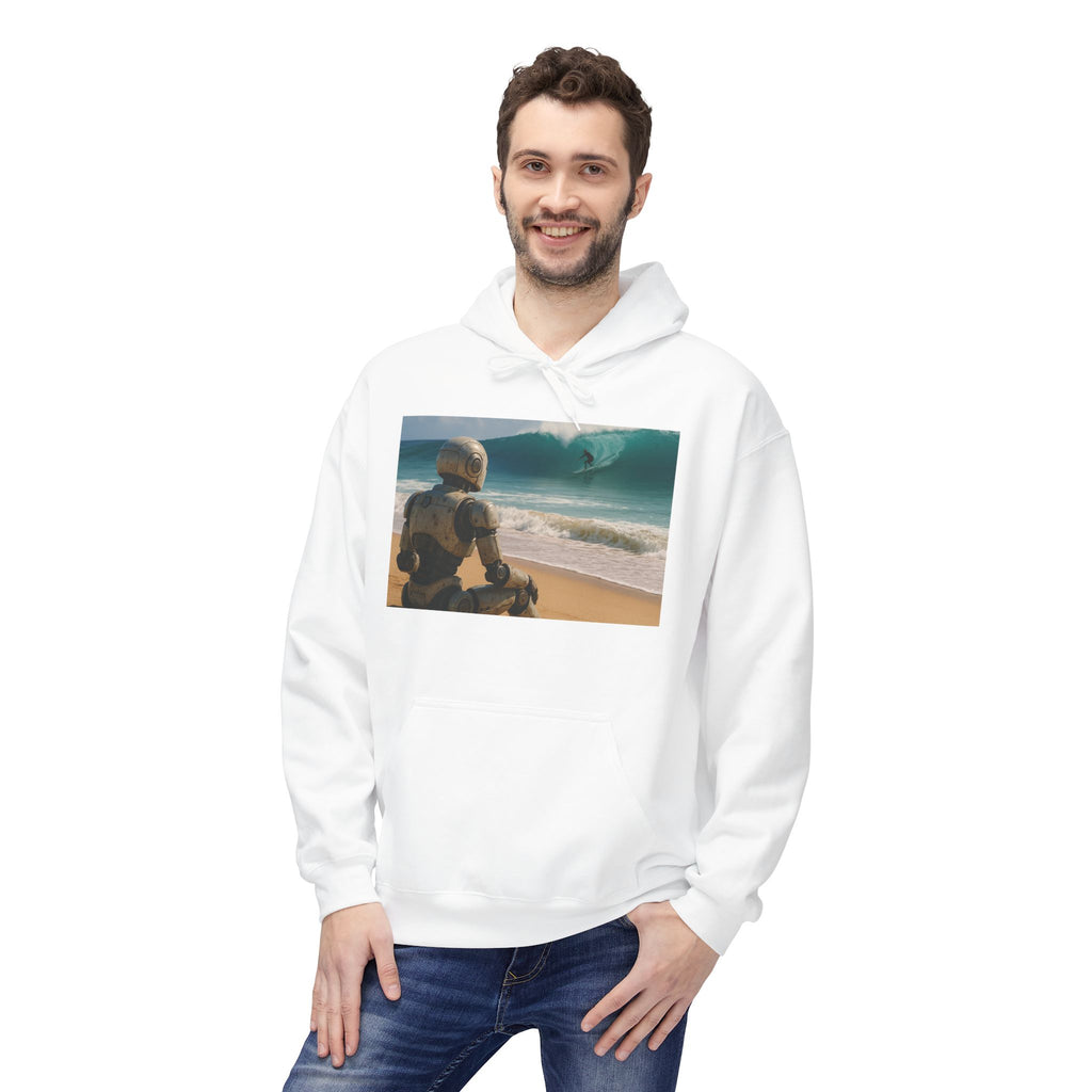 Surf-Watching Robot Hoodie — Retro Robot Watching Surf Graphic