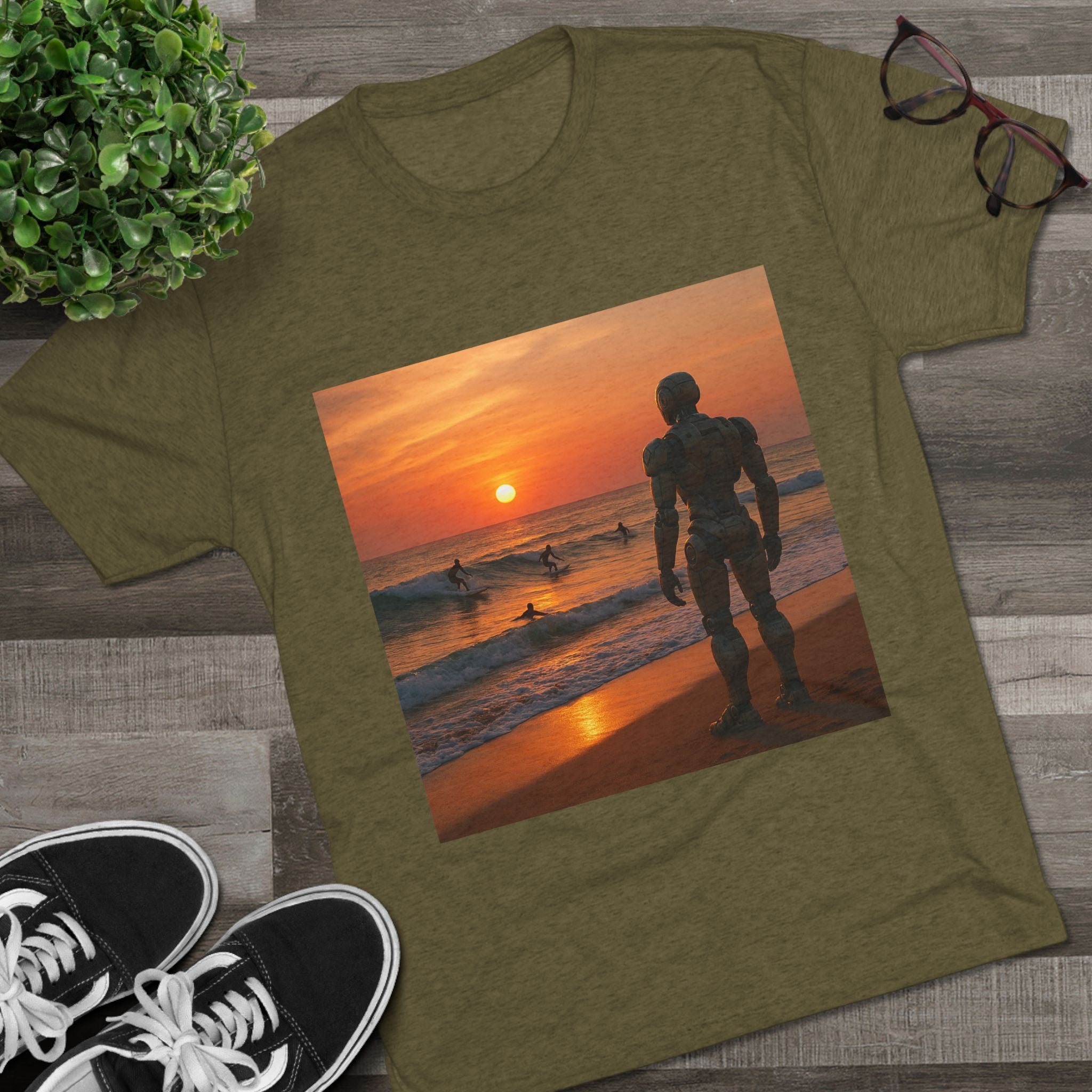 Sunset Robot Beach T‑Shirt — Wilderness Human Graphic Tee