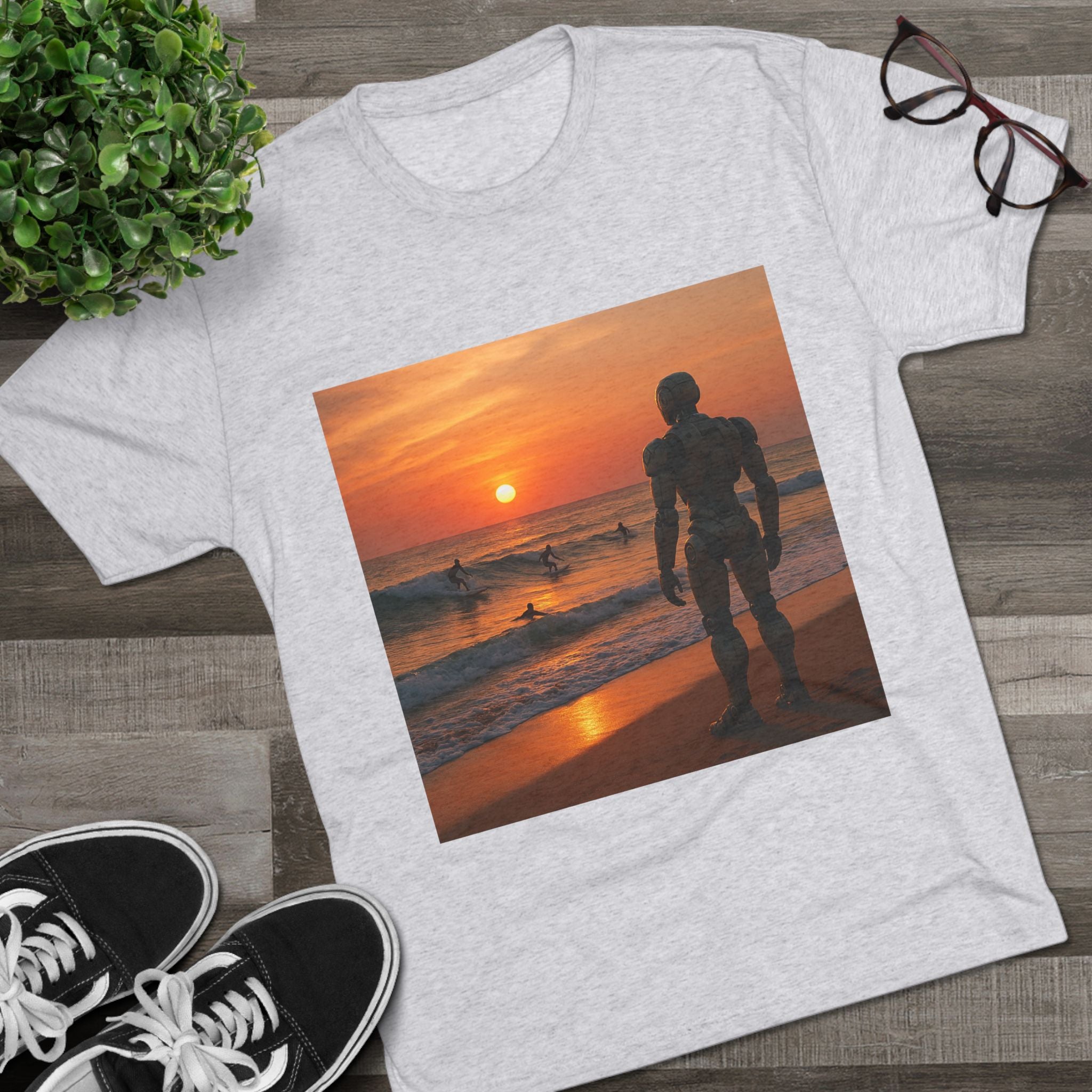 Sunset Robot Beach T‑Shirt — Wilderness Human Graphic Tee