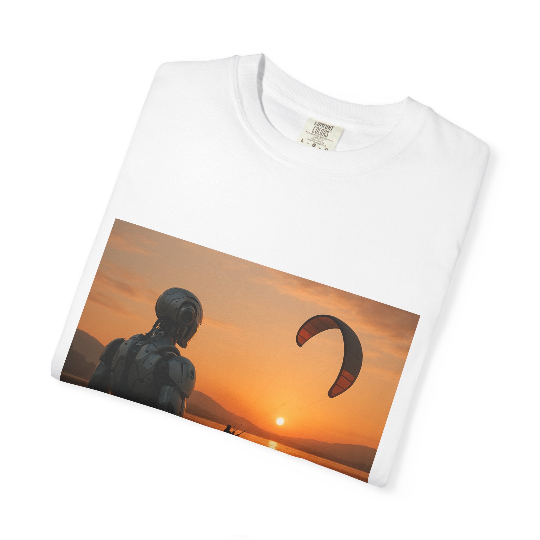 Kitesurfing Robot Graphic T-Shirt — Robot Watching Kitesurfer Design
