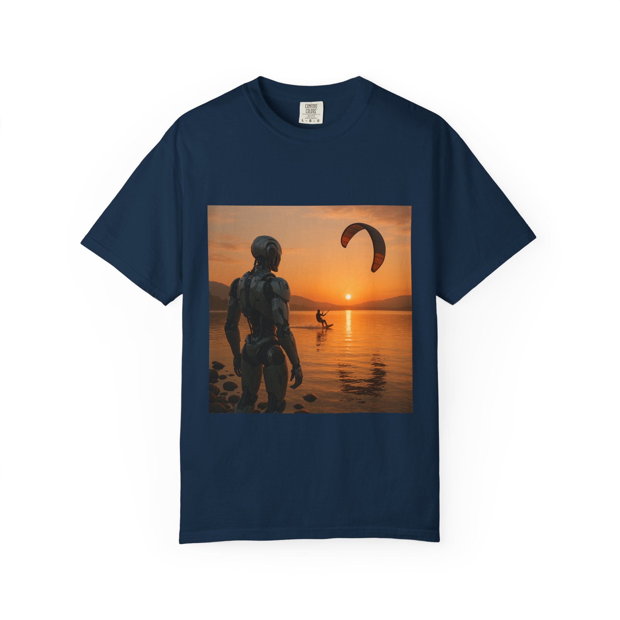 Kitesurfing Robot Graphic T-Shirt — Robot Watching Kitesurfer Design