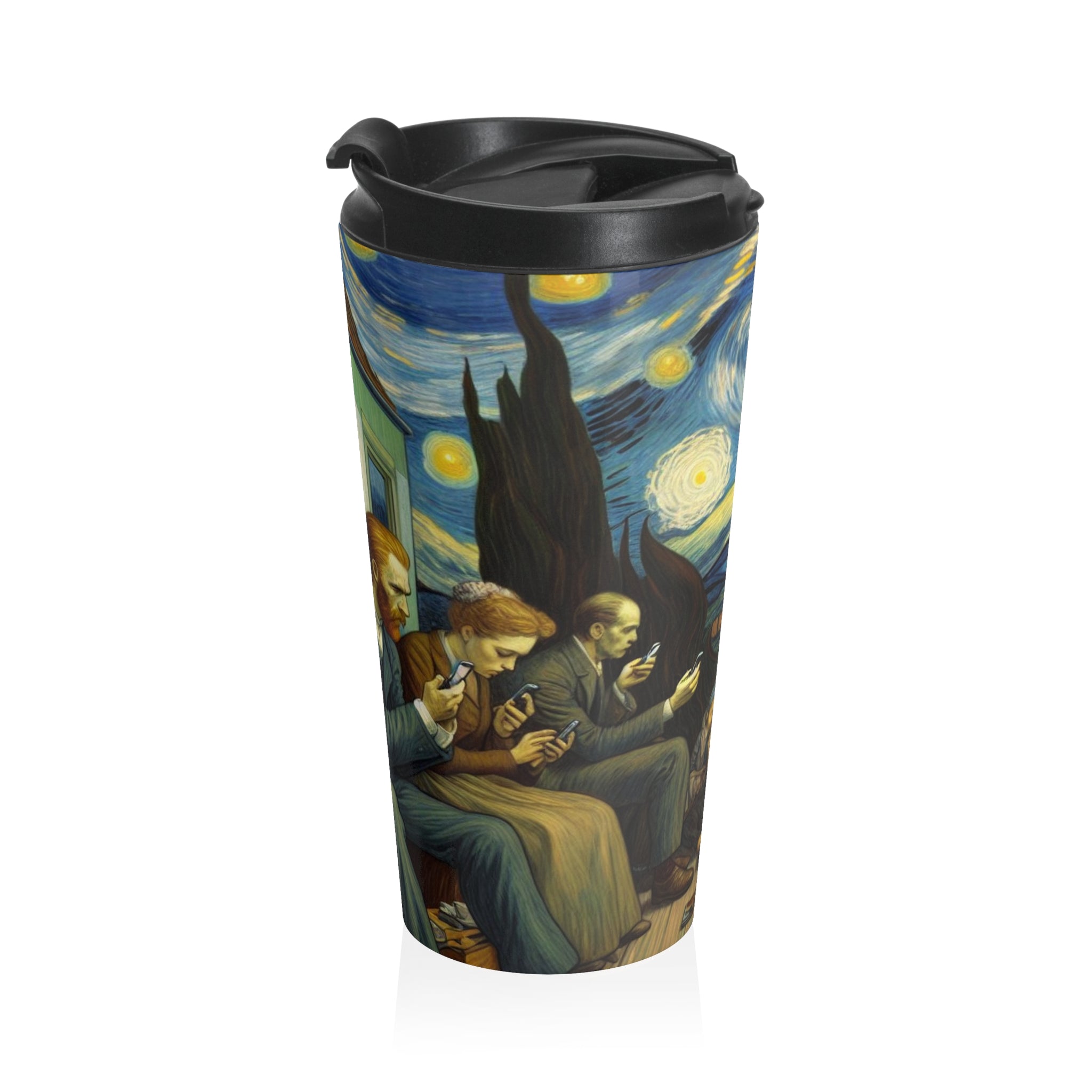 Van Gogh Style People Scrolling Phones Stainless Steel Travel Mug