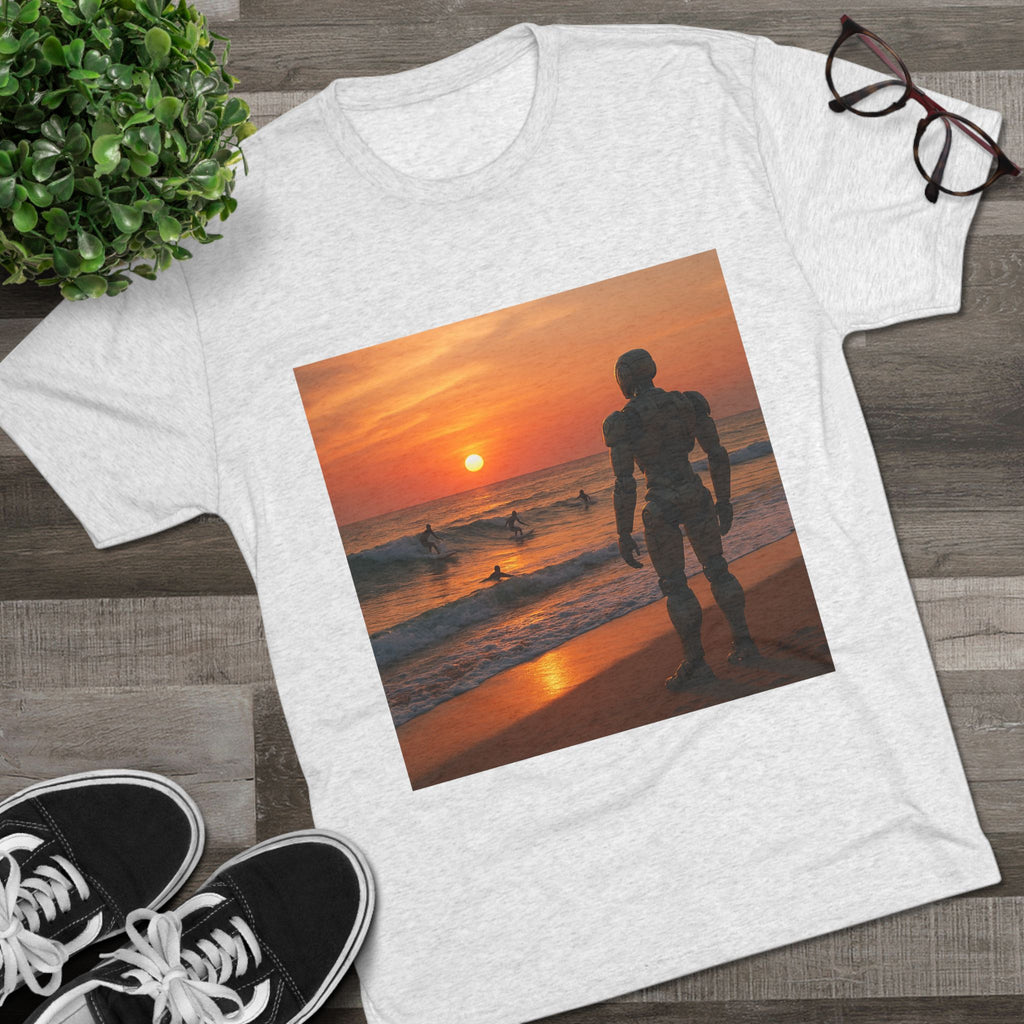 Sunset Robot Beach T‑Shirt — Wilderness Human Graphic Tee