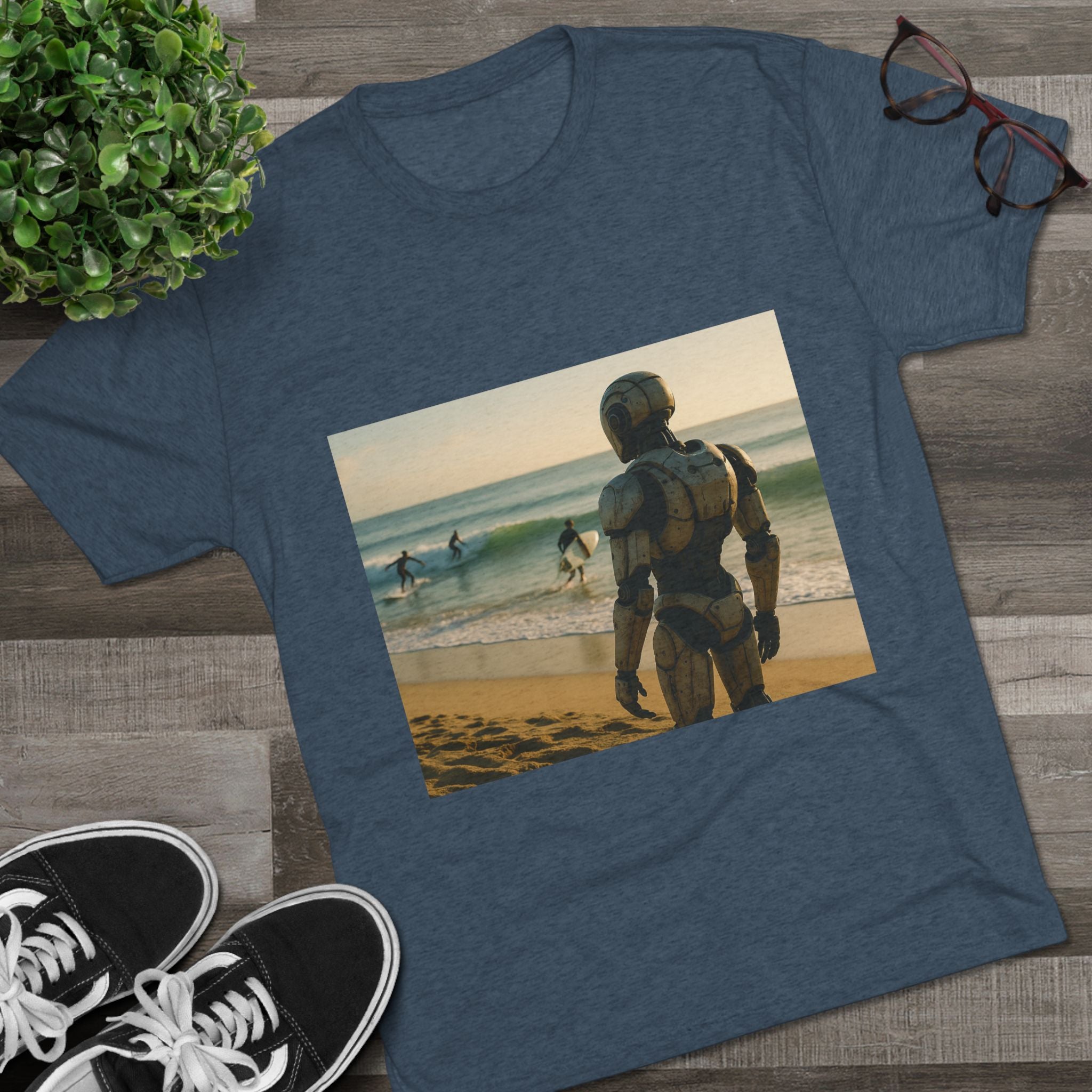 Surf Robot Graphic Tee — Vintage Beach Scene Crew T‑Shirt