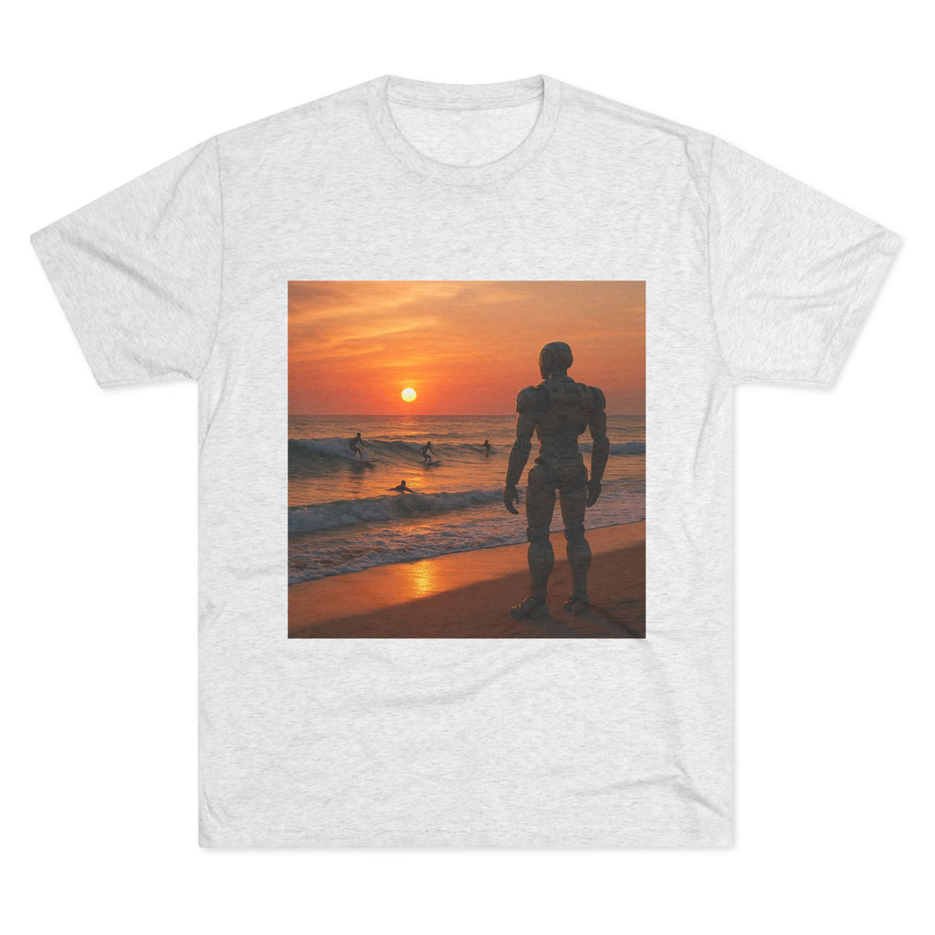 Sunset Robot Beach T‑Shirt — Wilderness Human Graphic Tee