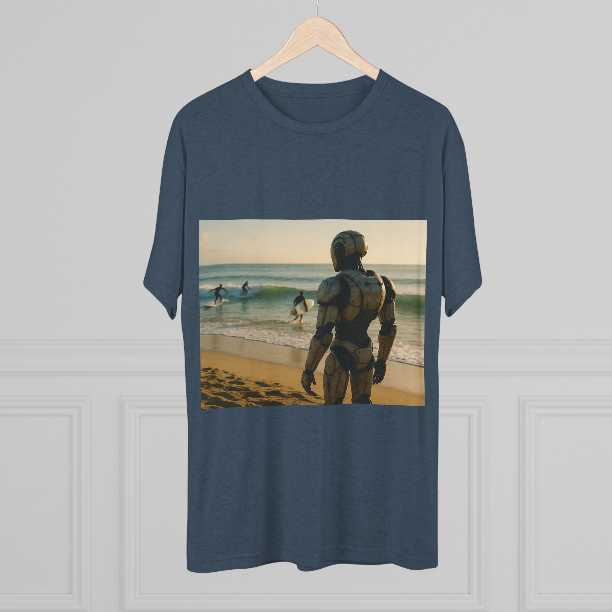 Surf Robot Graphic Tee — Vintage Beach Scene Crew T‑Shirt