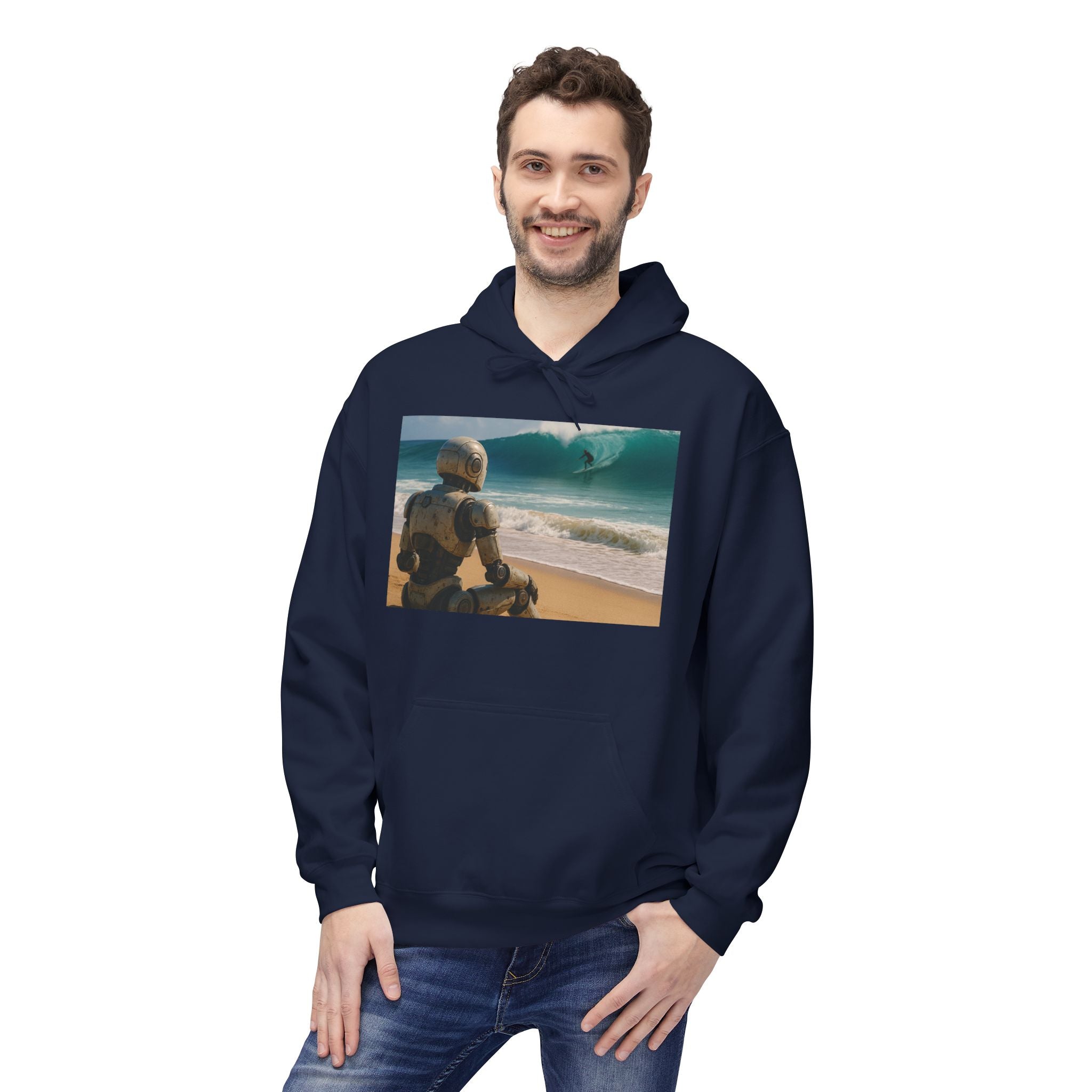 Surf-Watching Robot Hoodie — Retro Robot Watching Surf Graphic