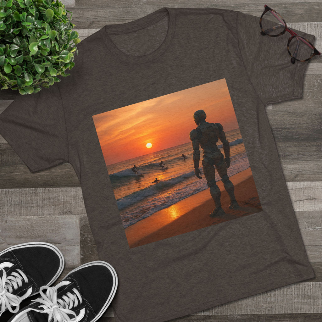 Sunset Robot Beach T‑Shirt — Wilderness Human Graphic Tee