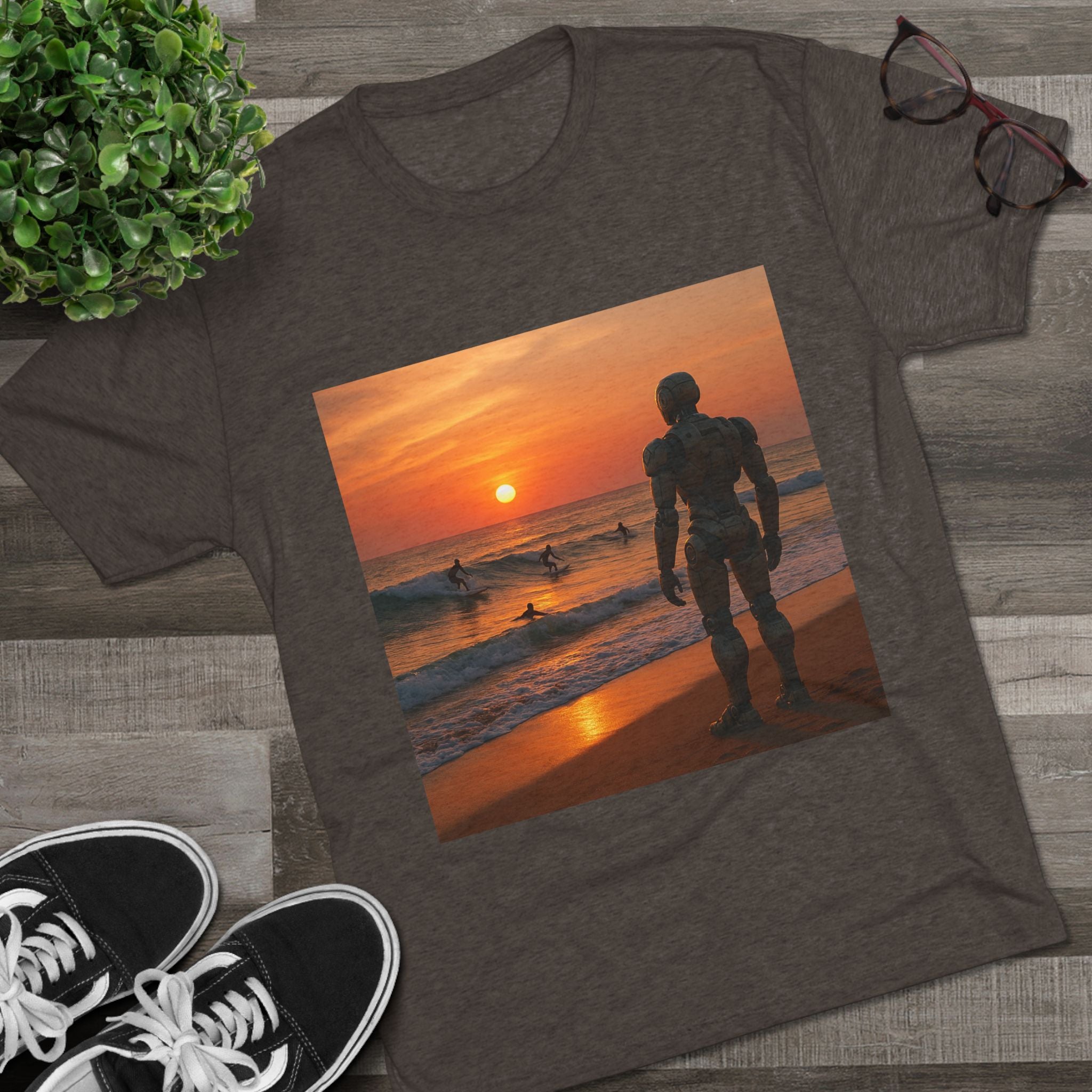 Sunset Robot Beach T‑Shirt — Wilderness Human Graphic Tee