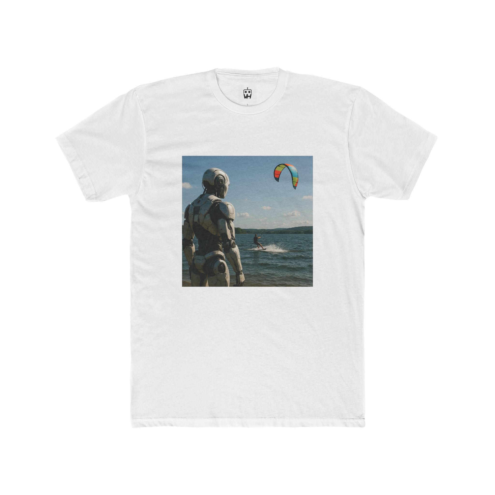 Kitesurfing Robot Graphic Tee — Robot Watching Kitesurfer on Lake