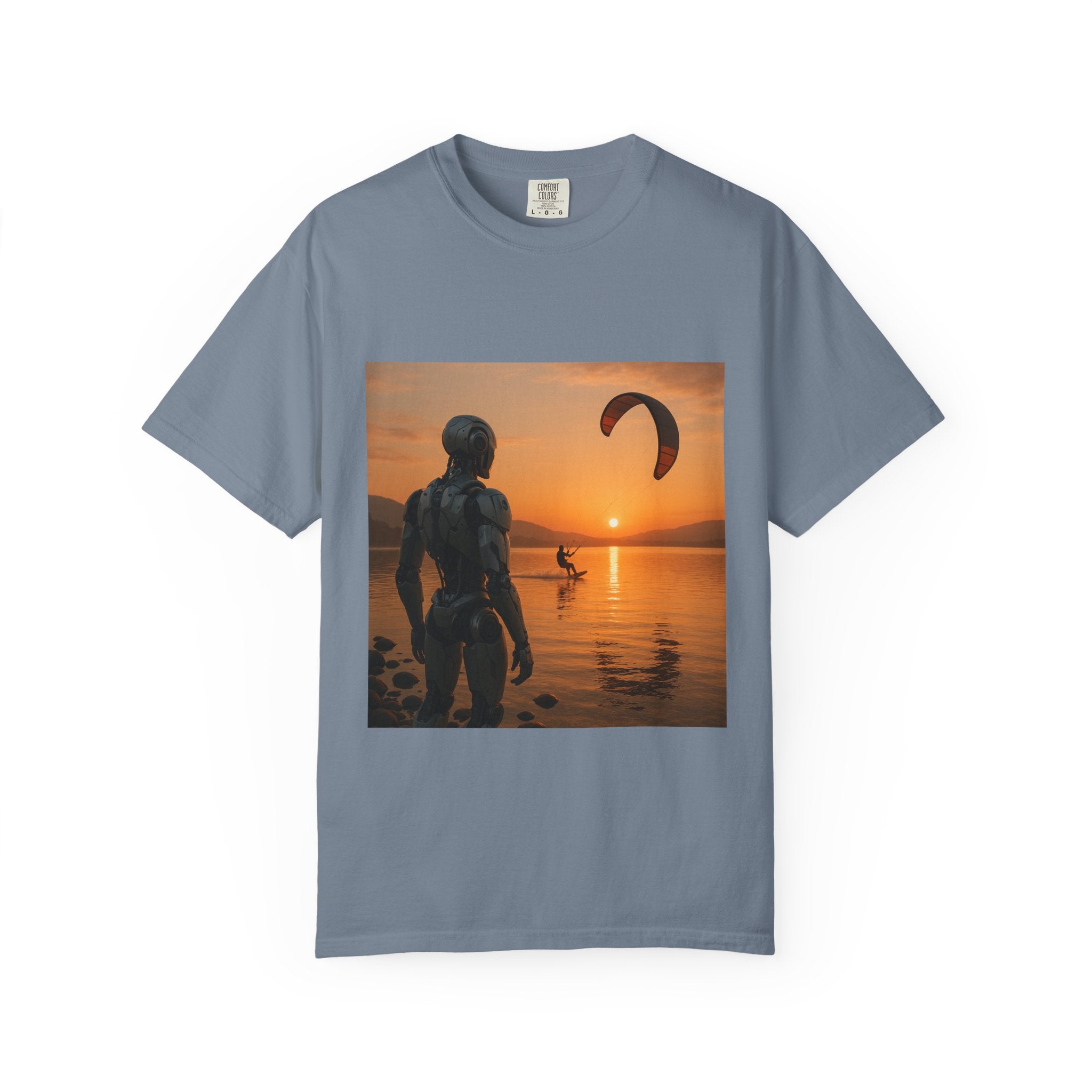 Kitesurfing Robot Graphic T-Shirt — Robot Watching Kitesurfer Design
