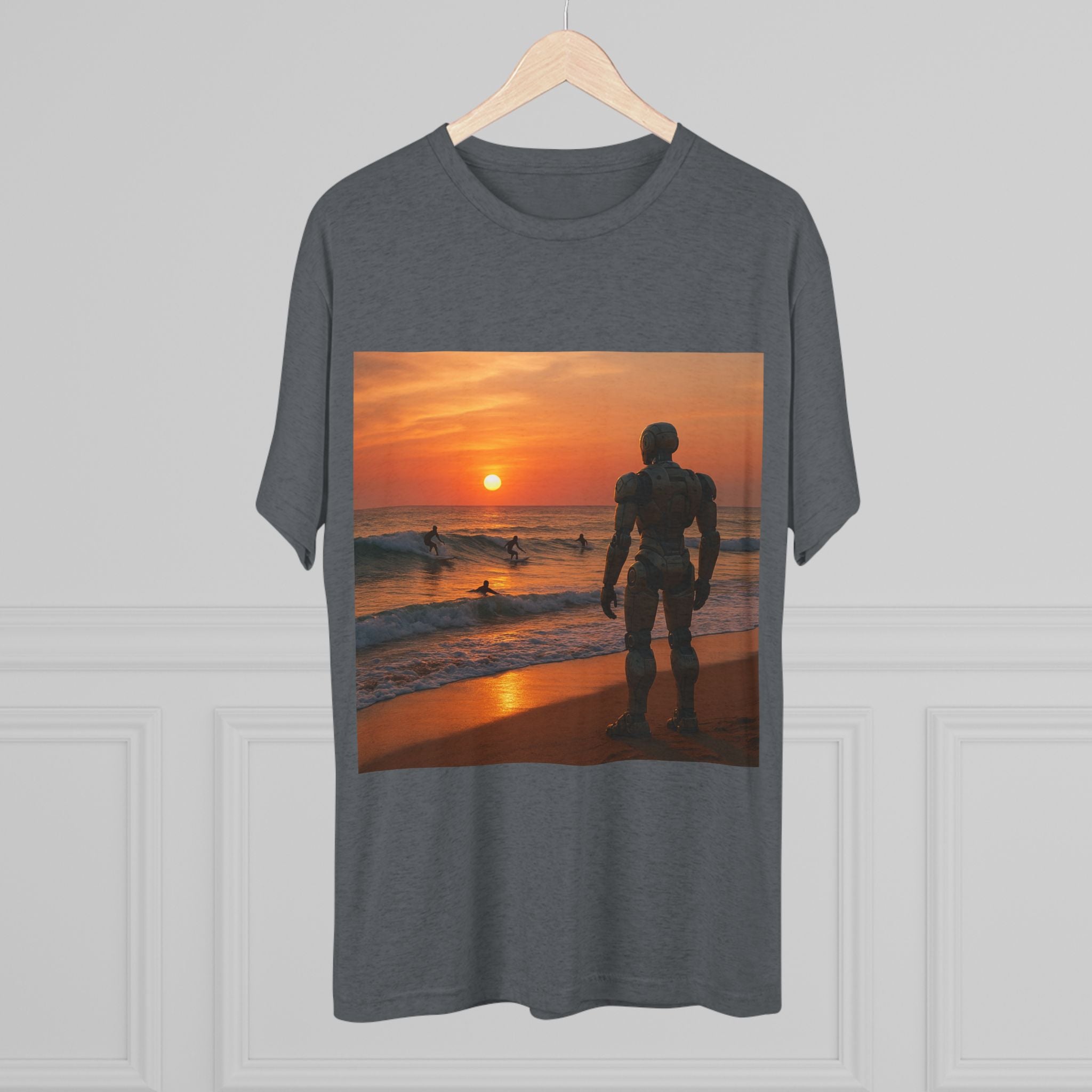 Sunset Robot Beach T‑Shirt — Wilderness Human Graphic Tee