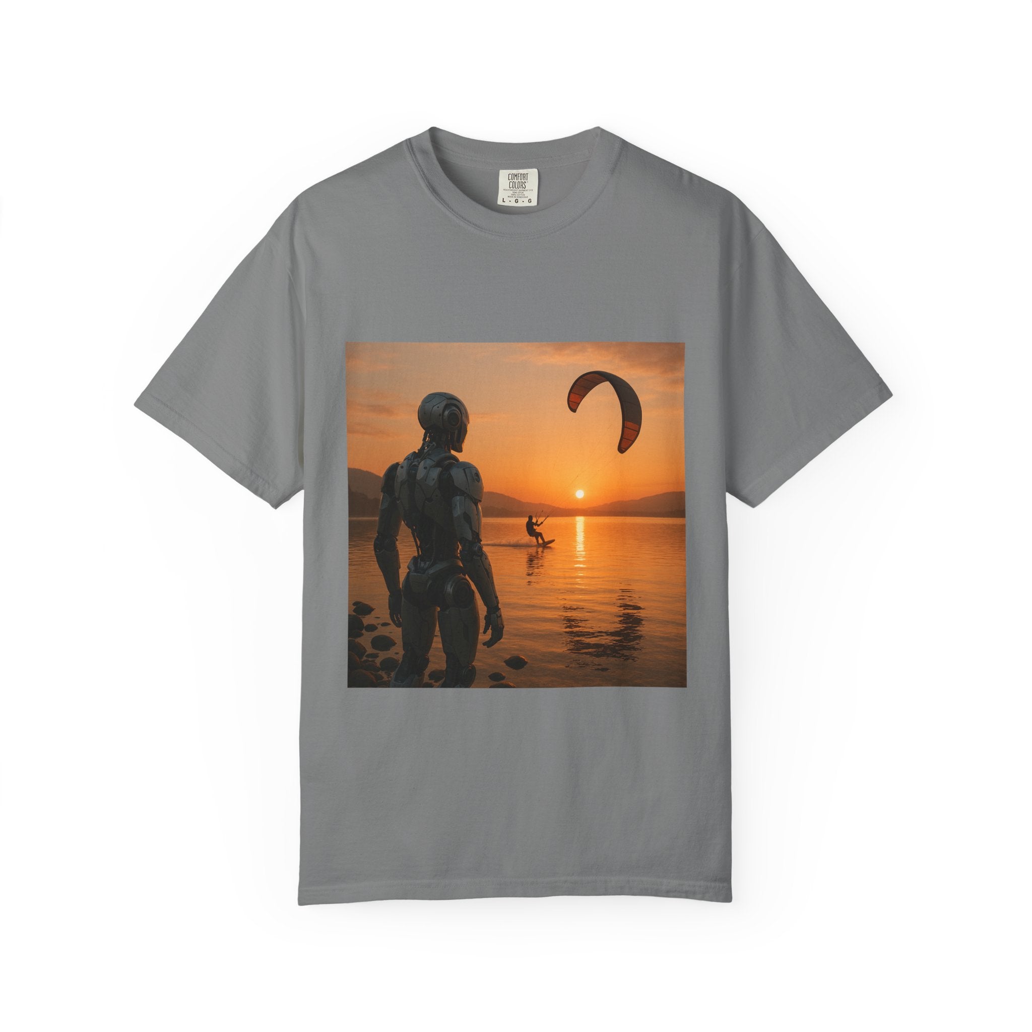 Kitesurfing Robot Graphic T-Shirt — Robot Watching Kitesurfer Design