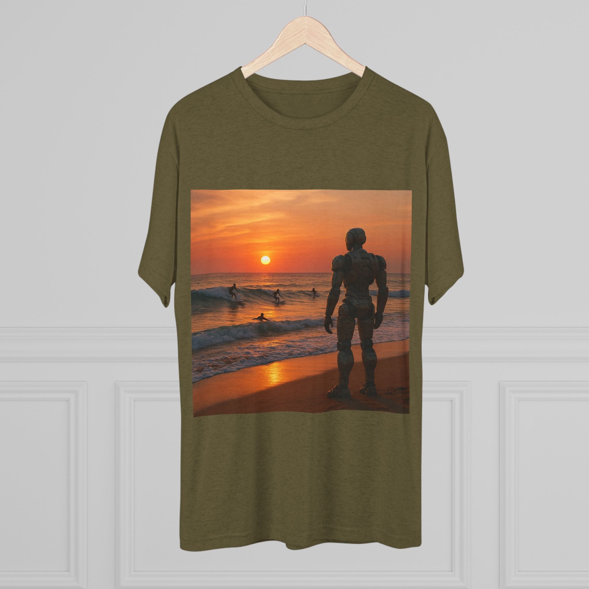 Sunset Robot Beach T‑Shirt — Wilderness Human Graphic Tee
