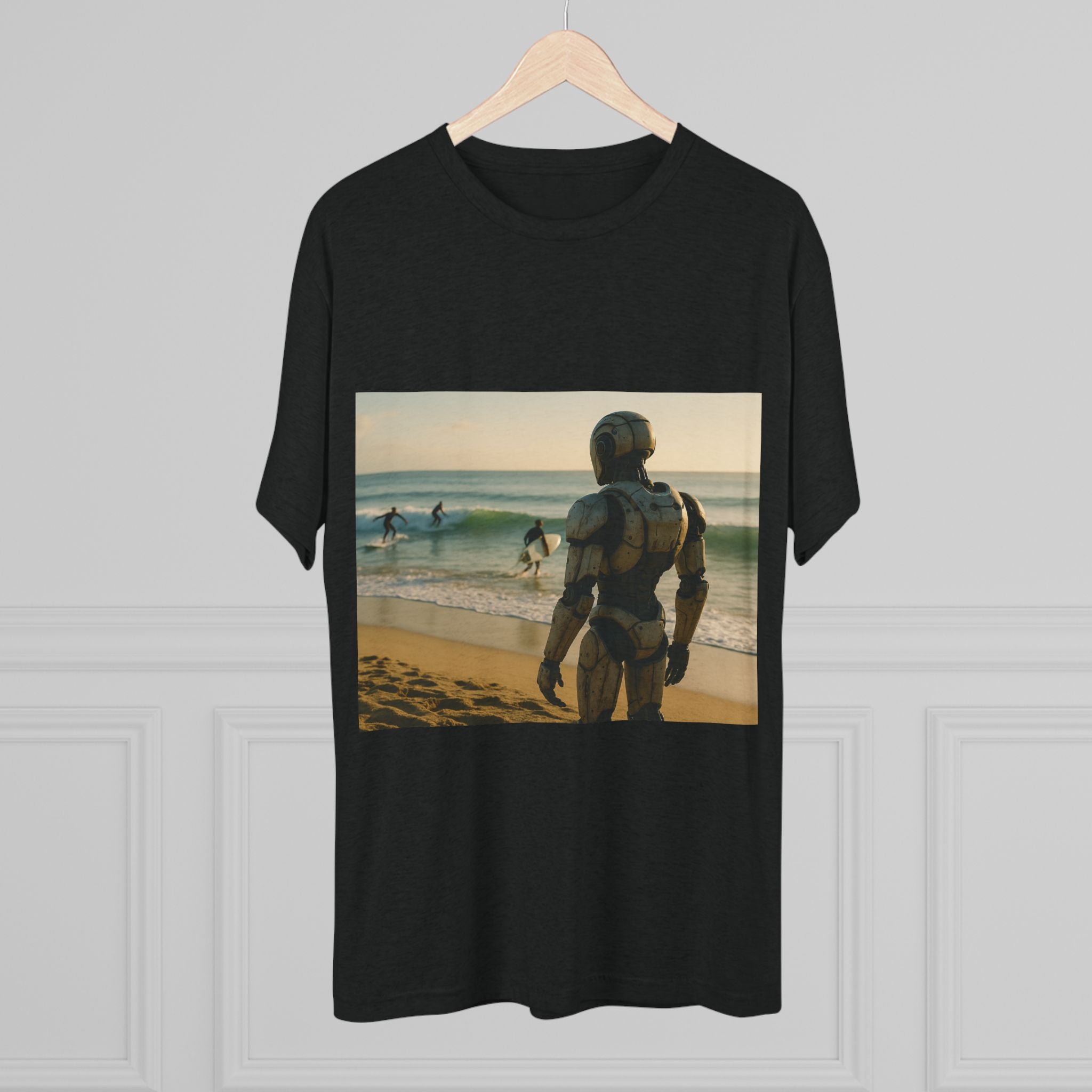 Surf Robot Graphic Tee — Vintage Beach Scene Crew T‑Shirt