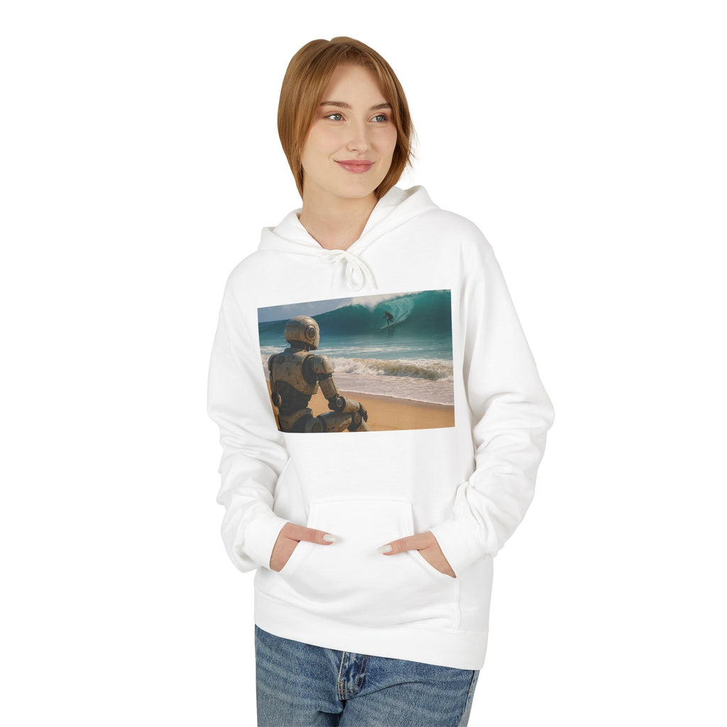 Surf-Watching Robot Hoodie — Retro Robot Watching Surf Graphic
