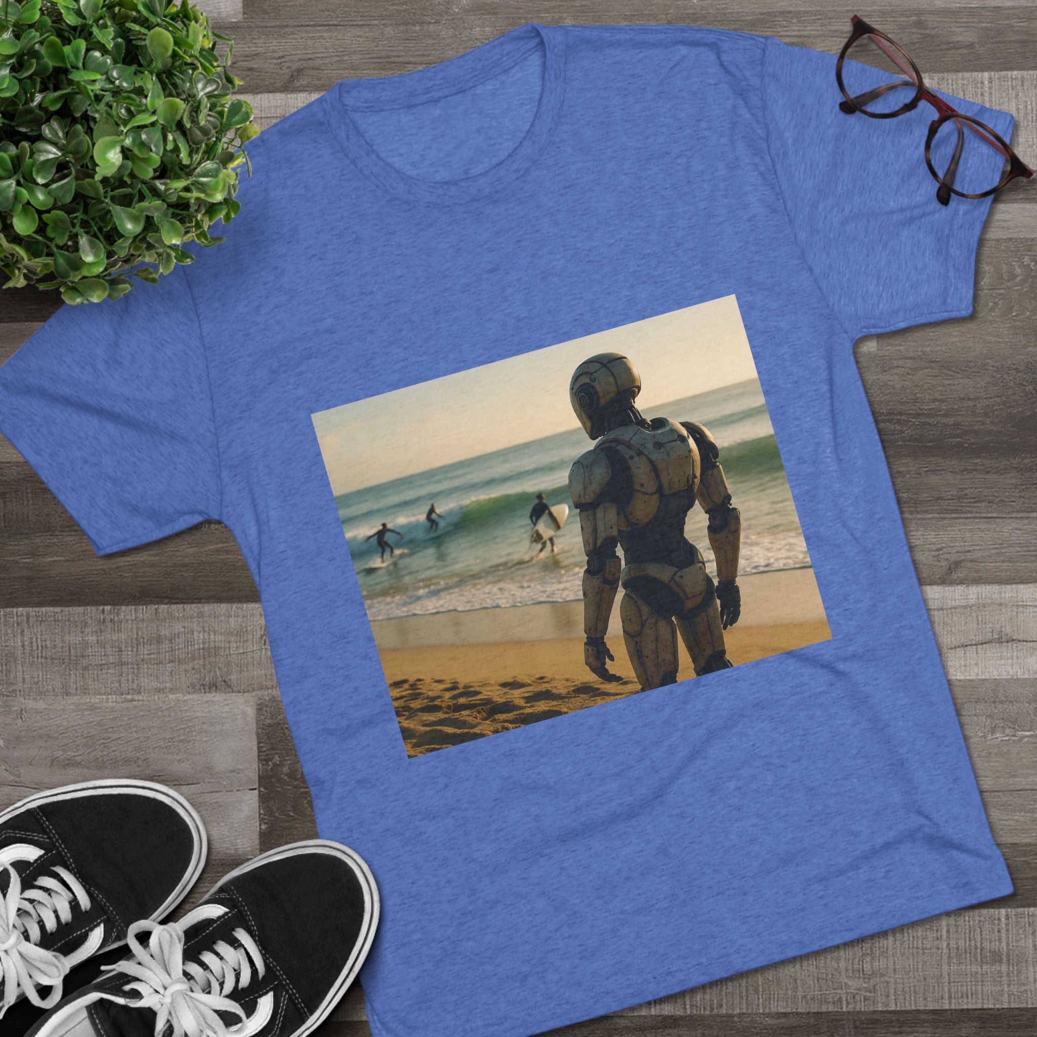 Surf Robot Graphic Tee — Vintage Beach Scene Crew T‑Shirt