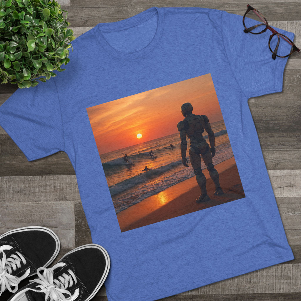 Sunset Robot Beach T‑Shirt — Wilderness Human Graphic Tee