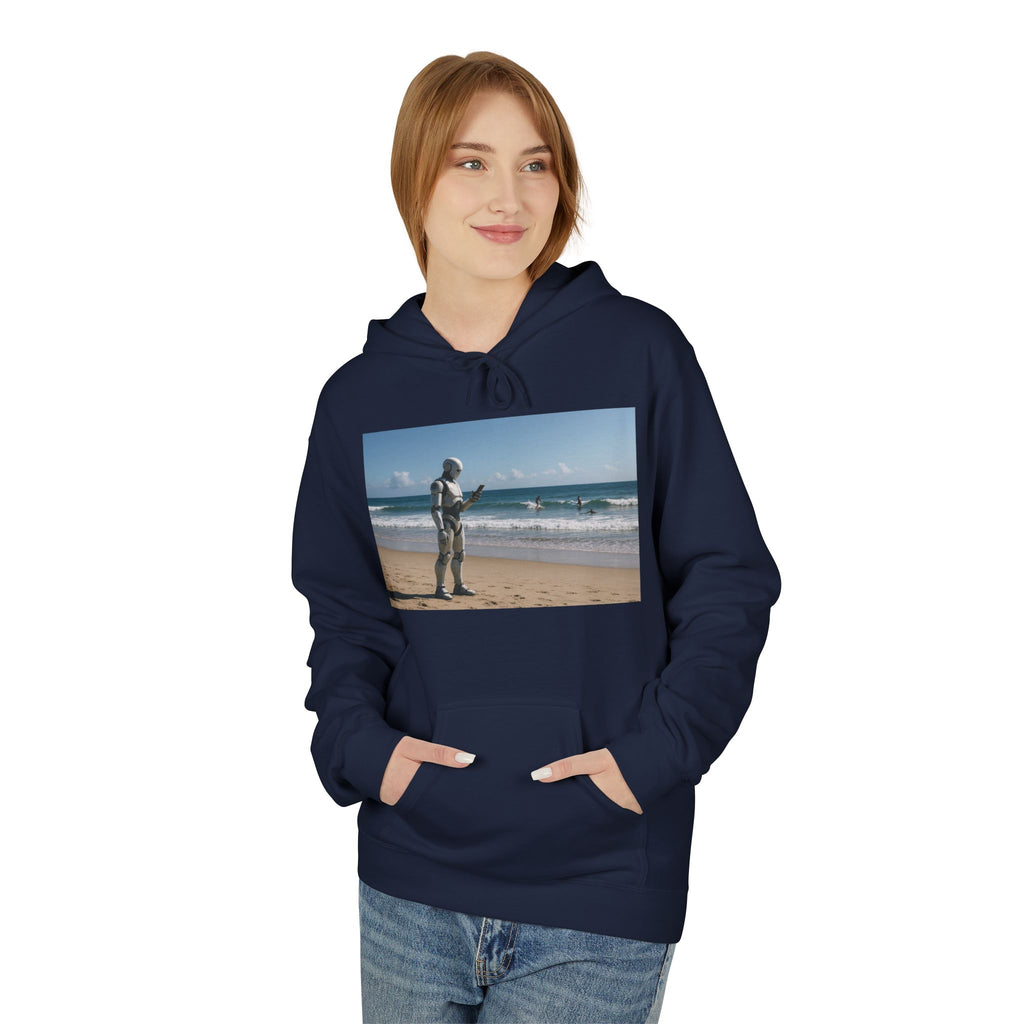 Surfing Robot Hoodie — Retro Robot Scrolling Graphic Hoodie