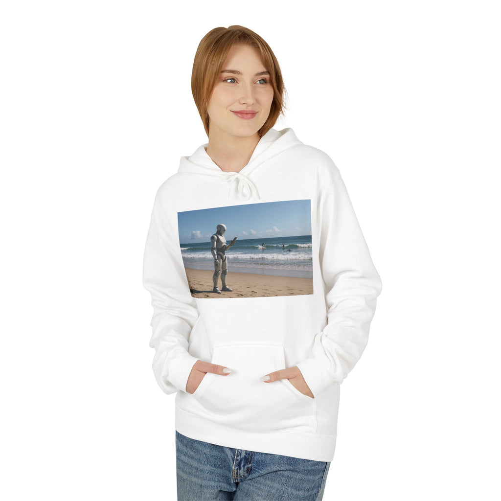 Surfing Robot Hoodie — Retro Robot Scrolling Graphic Hoodie