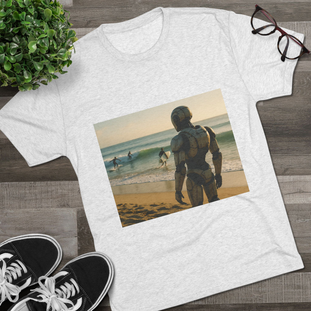Surf Robot Graphic Tee — Vintage Beach Scene Crew T‑Shirt