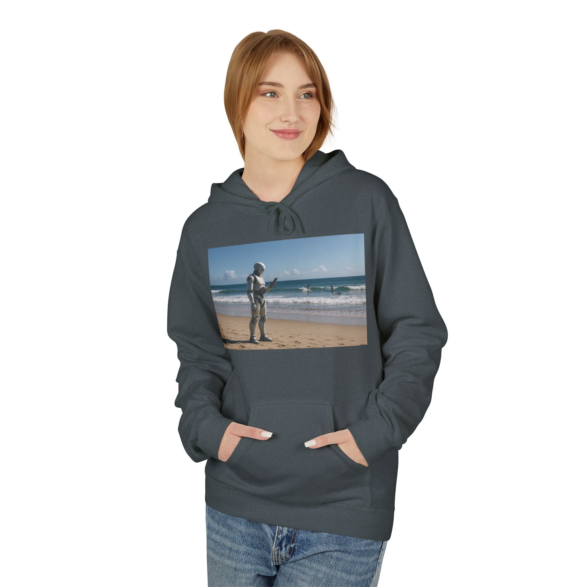Surfing Robot Hoodie — Retro Robot Scrolling Graphic Hoodie