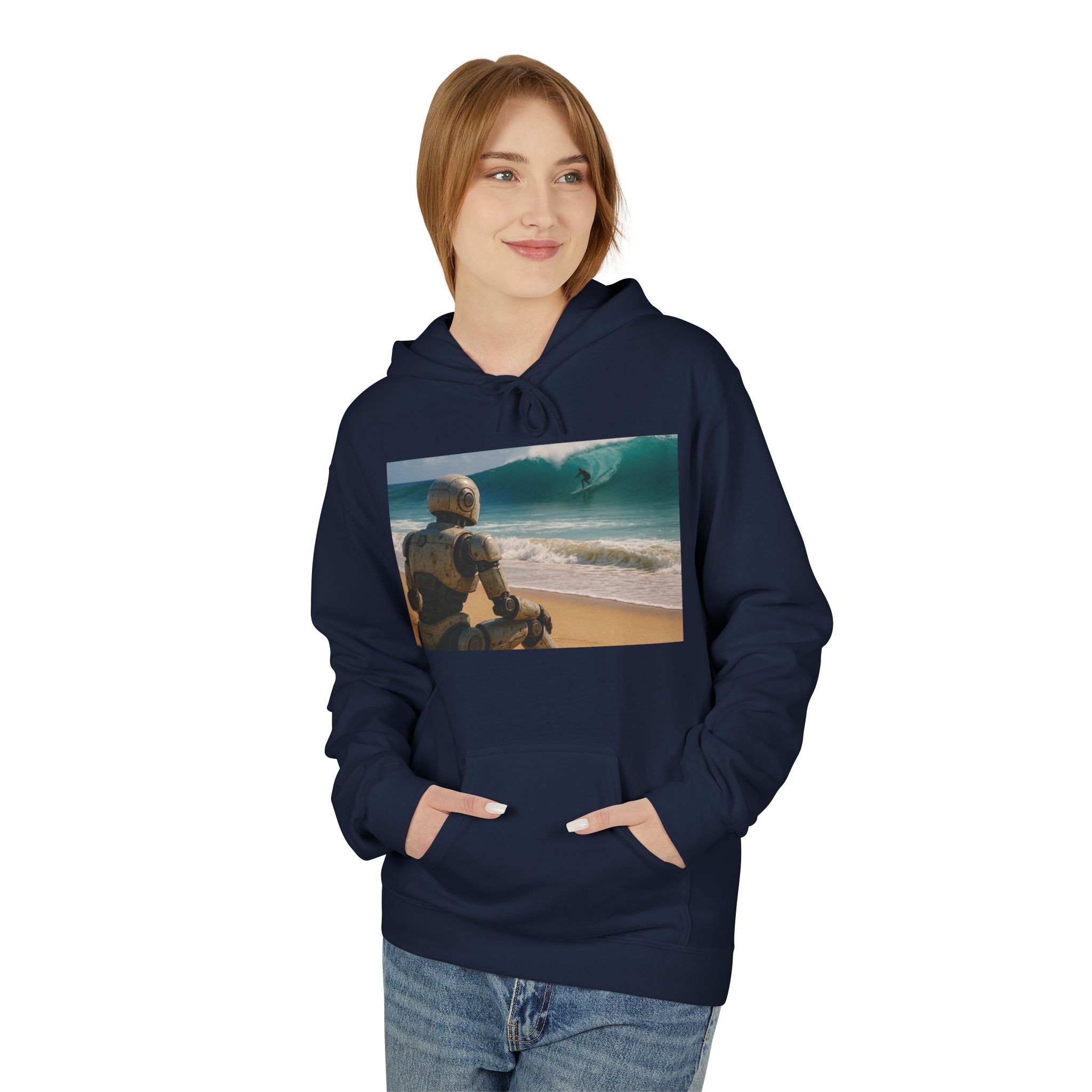 Surf-Watching Robot Hoodie — Retro Robot Watching Surf Graphic