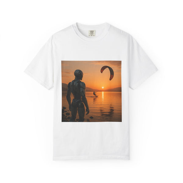 Kitesurfing Robot Graphic T-Shirt — Robot Watching Kitesurfer Design