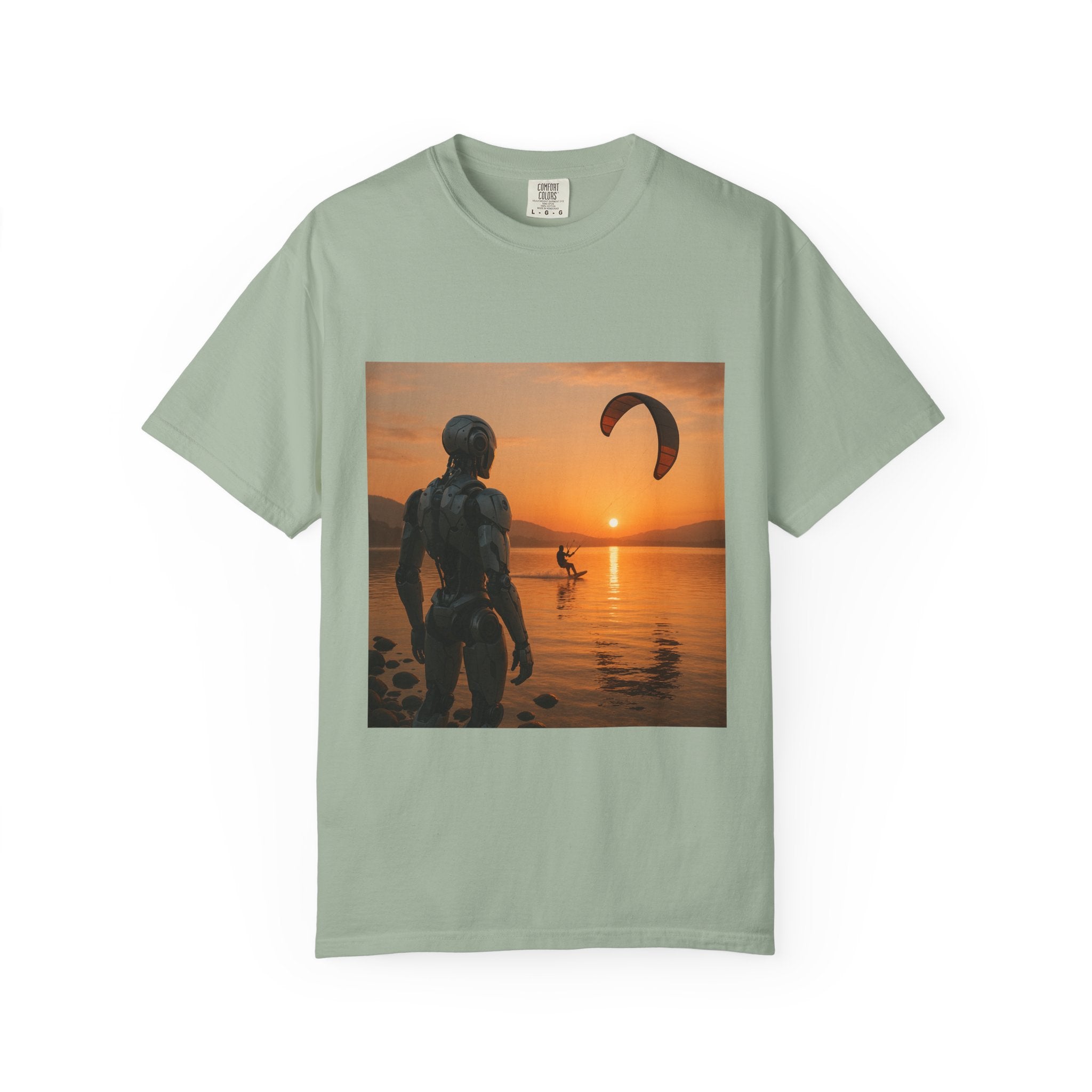 Kitesurfing Robot Graphic T-Shirt — Robot Watching Kitesurfer Design