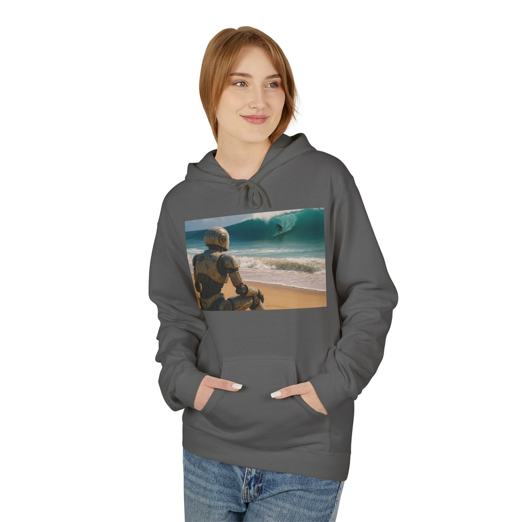Surf-Watching Robot Hoodie — Retro Robot Watching Surf Graphic